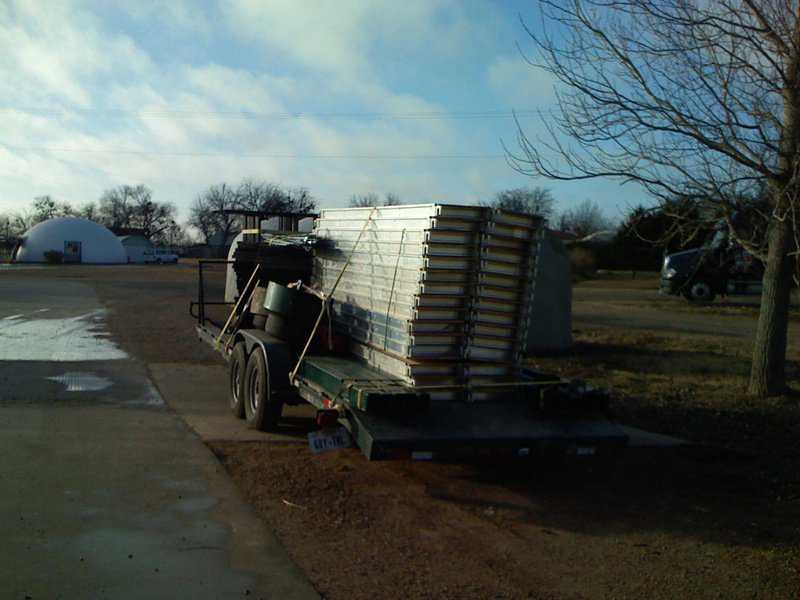 Ready for transport — This is the main advantage of our polar scaffolds.  They can be moved easily.  There is no other scaffold system that could fit on this small trailer and be used to build such a big structure.  It can all be moved and assembled by hand, and walked through a standard man door.