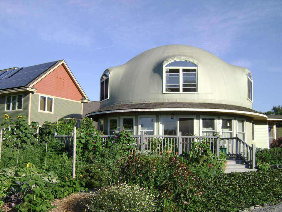 Deck & south windows.  — Fruit & veggie gardens go all around the dome.