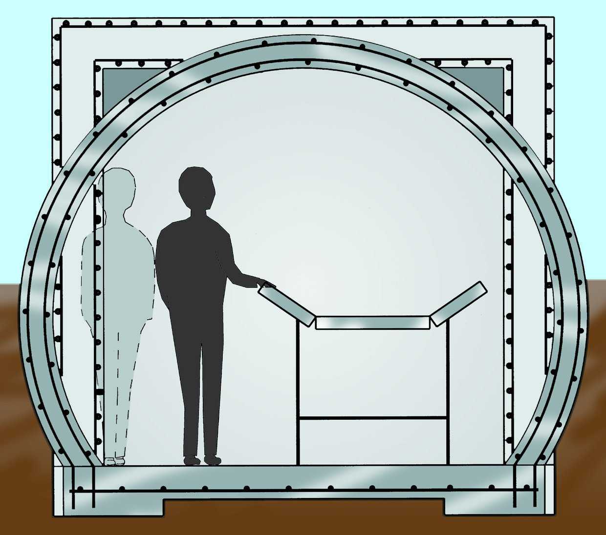 This is a diagram overlay of a typical 8’ square tunnel as compared to a 10’ wide by 8’ high air-formed tunnel. It is easy to see that the round tunnel is biggest (2’ wider) where it is needed. Any engineer can verify that the round shape is much stronger than the square. The round tunnel walls are 8" thick as opposed to 12" to 16" for the square. Even though it is wider, the total amount of wall and roof is about 15% less. Approximately 35% less concrete and reinforcing bars are needed in the construction.