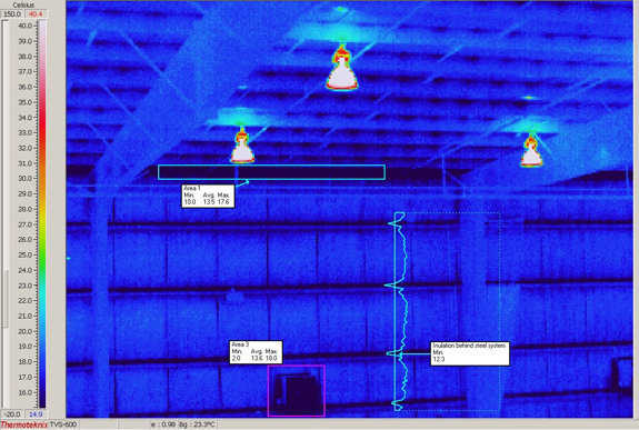 Figure 2.14 — Internal image of the shop next door to the Monolithic Dome shop.  Note the black areas.  This is the -25C (-13F) temperature showing on the inside of the building.  This insulated building shows virtually no insulation along the metal framing.