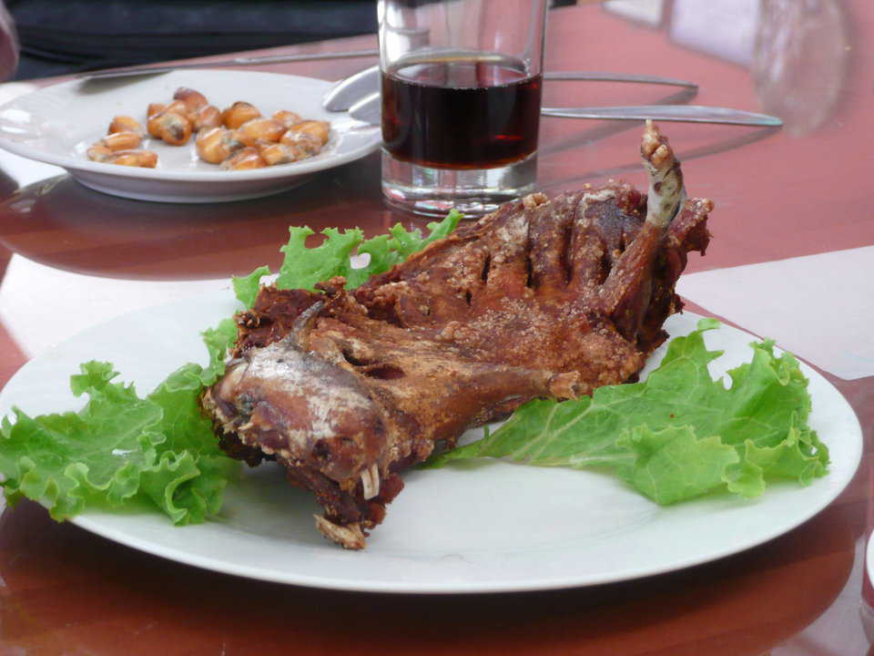 Peruvian Delicacy — During a recent trip to Peru to research the proposed project with SUBE, Mike South (Monolithic Vice-President) asked a waiter for some local fare for dinner. His meal, shown here, was baked guinea pig.
CUY (pron: cu-i) is a traditional Peruvian meal. Cuys (or Guinea Pigs) are often raised by Peruvians for special occasions, and can now be purchased, nicely packaged, in super markets (right next to the chicken feet).