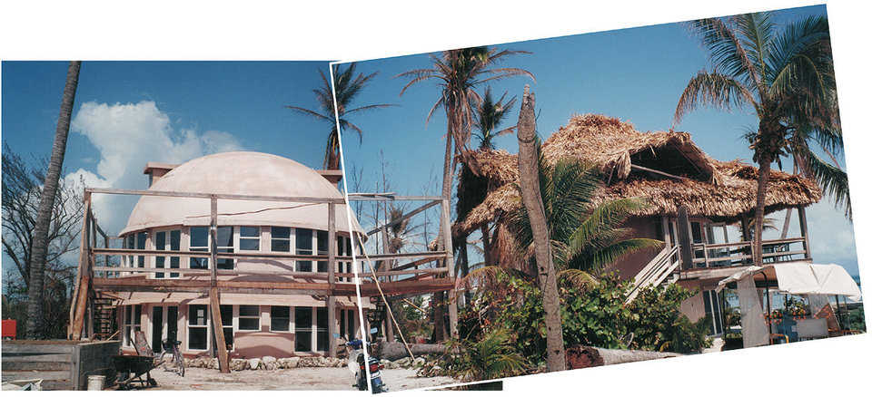 Monolithic Domes Undamaged! — Aftermath photographs of Xanadu Island Resort in Belize just south of San Pedro on the Yucatan Peninsula. Hurricane Keith lingered over the island for three days. Its forceful winds uprooted trees, flattened homes and downed power lines. Aside from losing the roof thatching, the Monolithic Domes were undamaged.