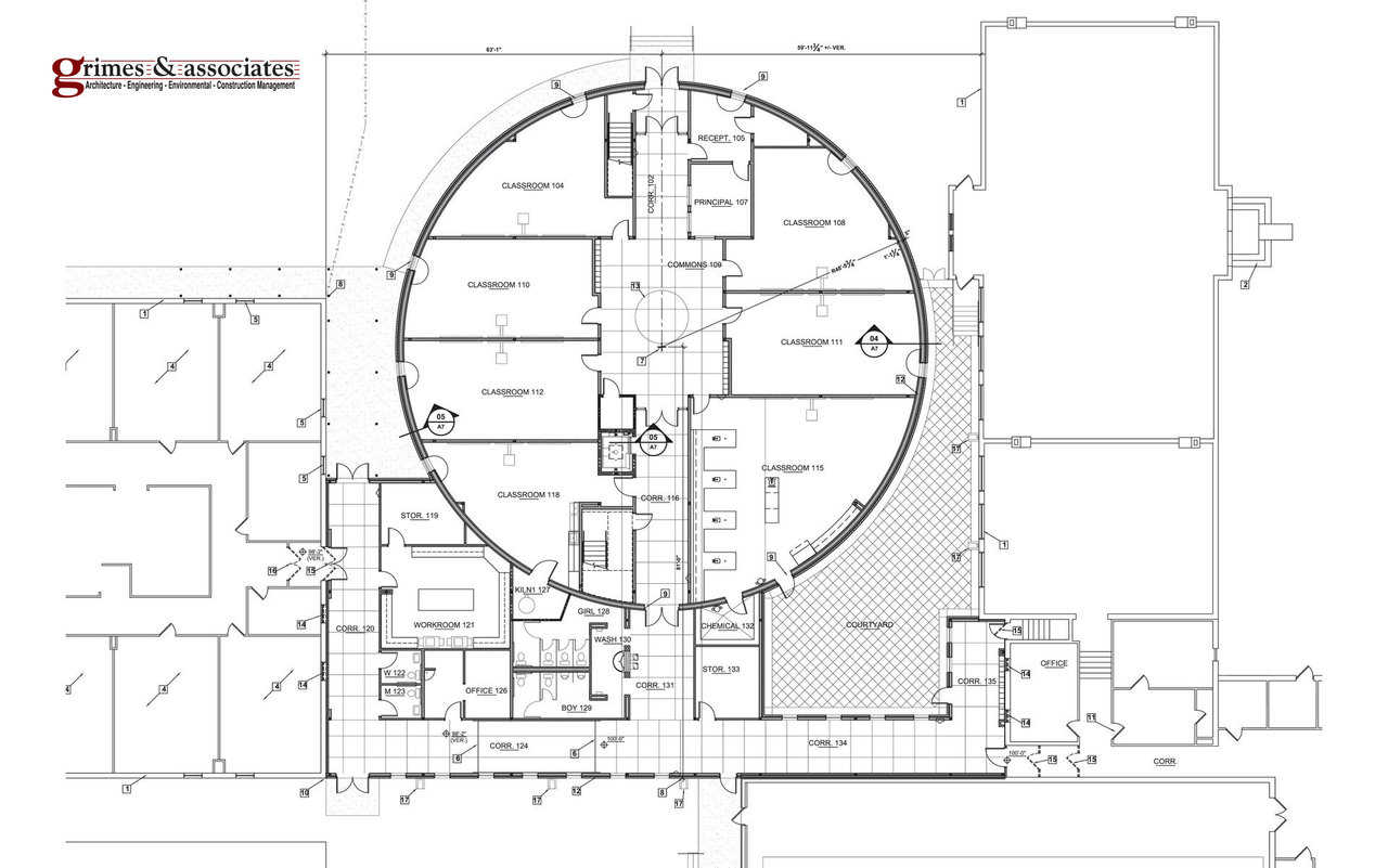 Lower Level — It includes six, semi-rectangular classrooms and a library. South Industries, Inc. of Menan, Idaho constructed the dome shell in just 80 days.