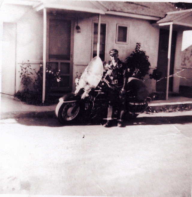 Honeymoon wheels — Newlyweds Arnold and Joyce rode a Harley Davidson motorcycle on their honeymoon.