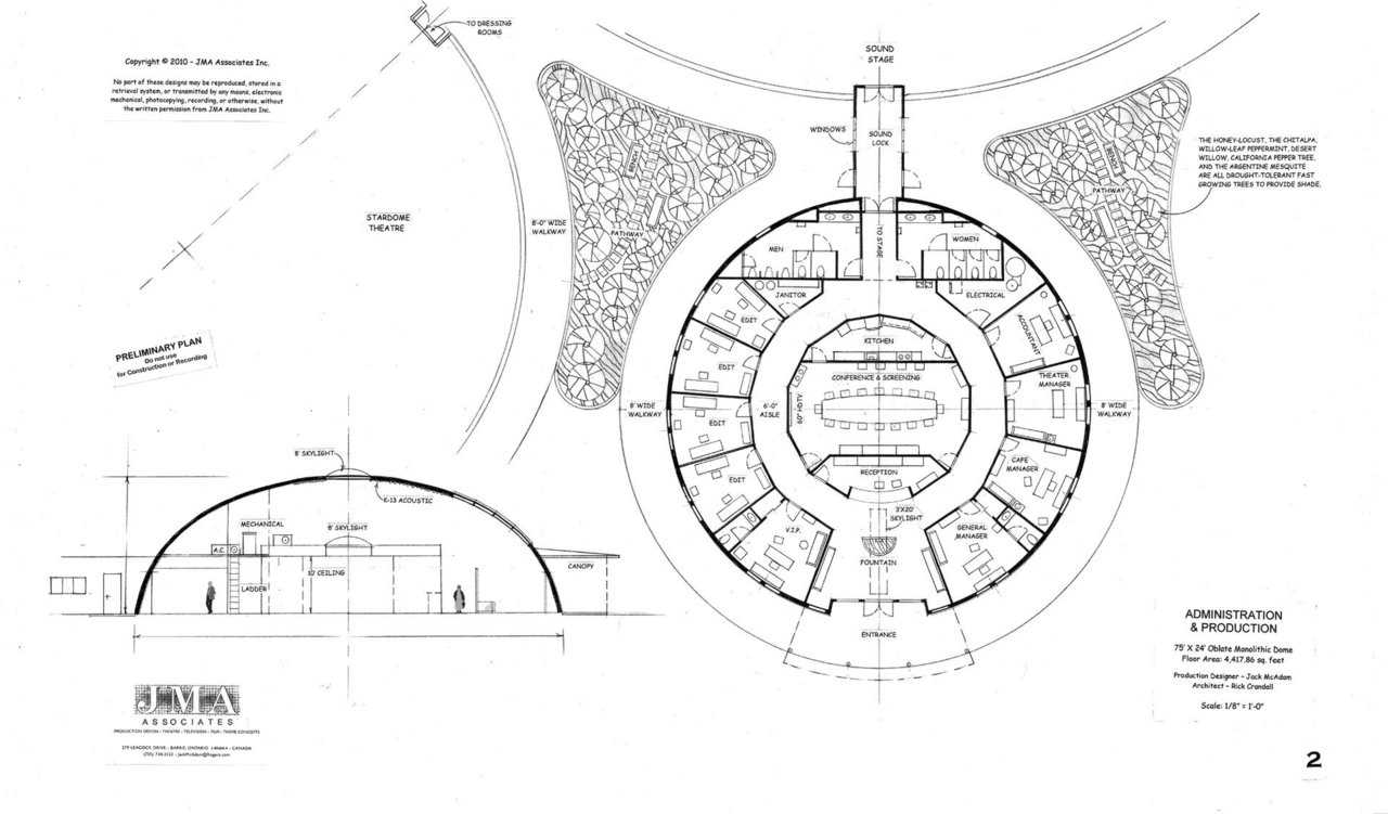 Administration and Production — 75′ × 24′ oblate Monolithic Dome, 4,417.86sf