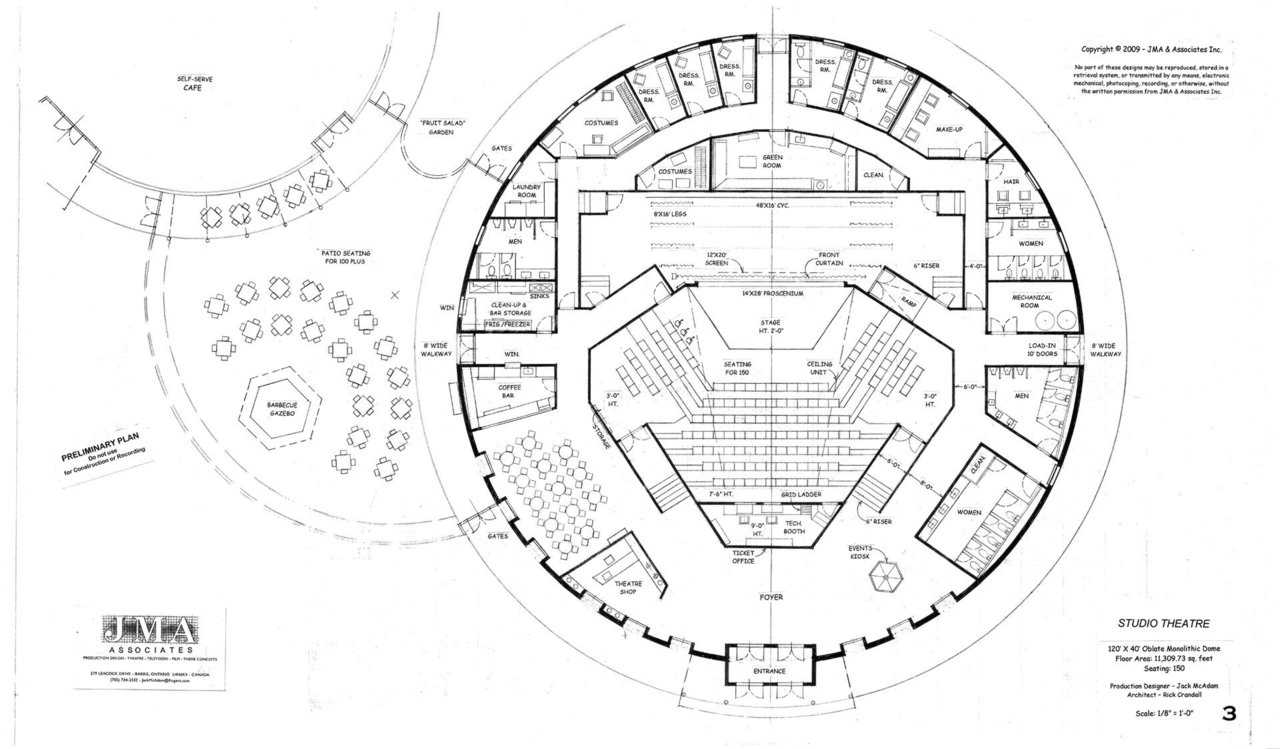 Studio Theatre — 120′ × 40′ oblate Monolithic Dome, 11,309.73sf