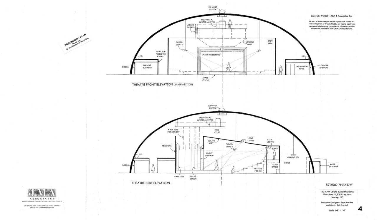 Studio Theatre — 120′ × 40′ oblate Monolithic Dome, 11,309.73sf