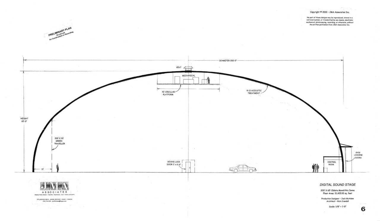 Digital Sound Stage — 200′ × 65′ oblated Monolithic Dome, 31,415.93sf