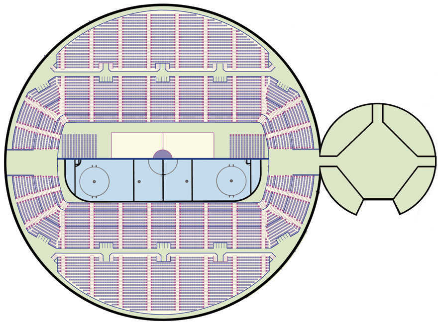 Huge Arena — Monolithic’s plans for an arena with a 9,000 seat capacity can include shops and services. A small dome can contain the Zamboni and ice plant for the practice rinks.