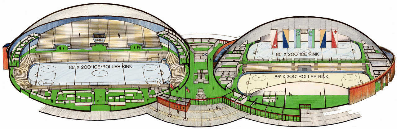 Monolithic Multi-Rink Arena — In a Monolithic Dome arena, energy use is reduced by more than 50 percent. This saves money in construction since less heating and cooling equipment is needed, and it saves millions in operating costs over the life of the structure.