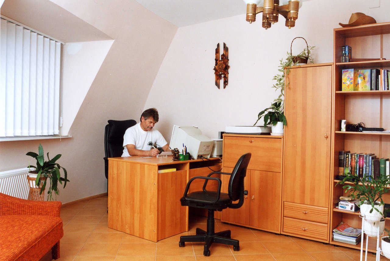 Office — Jan’s dream of a dome home included rooms painted in vivid hues, but he chose a tranquil cream color for his office to help him think.