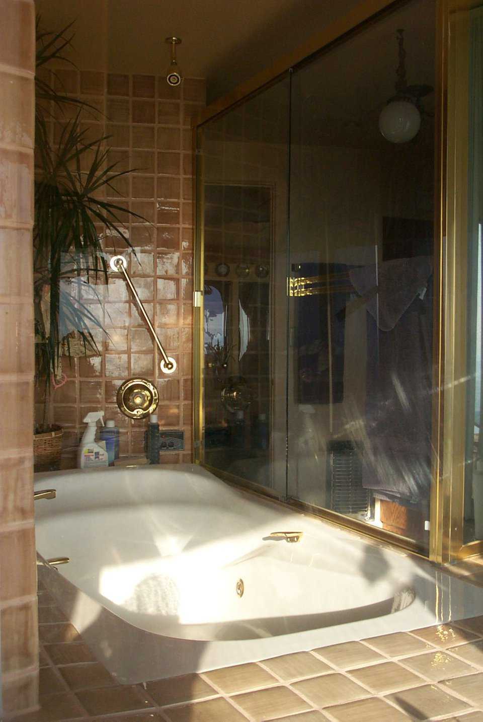 Master Bath — Marble, glass and greenery create luxury and comfort.