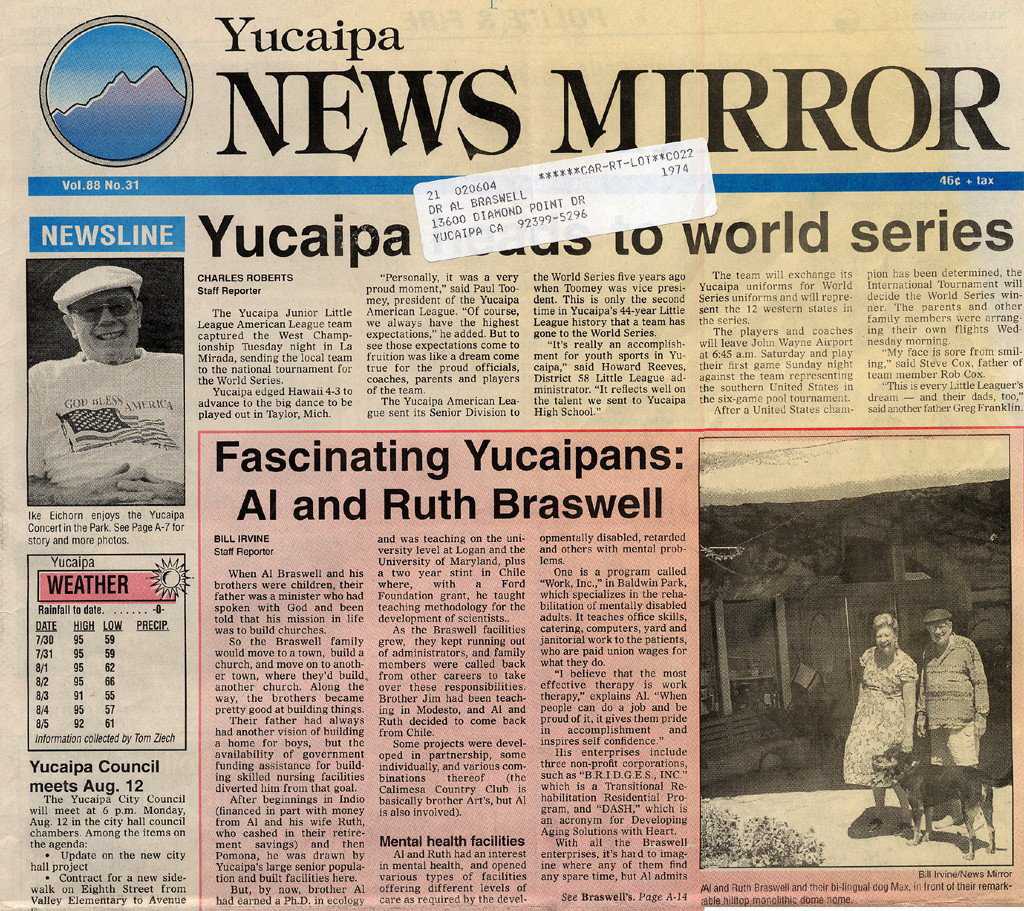 In the News — The “Yucaipa News Mirror” reports on the Braswells and Vista Dhome