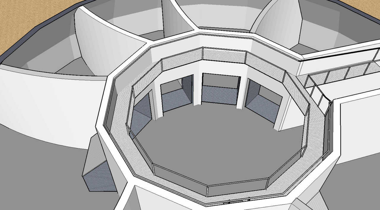 Eldorado Chemical: Rendering — This illustrates the arrangement of the bins and the overhead walkway for checking on fertilizer. Obviously the conveyor equipment is not shown.