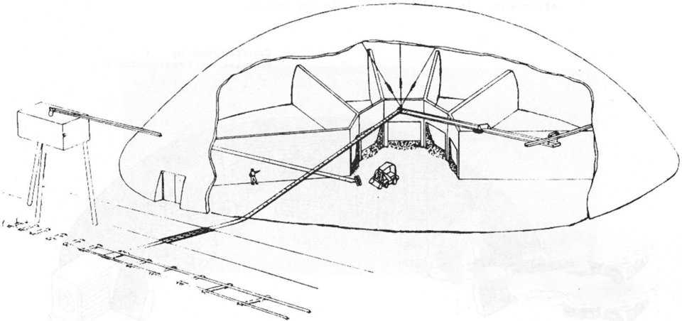 Artist’s Rendering — This drawing shows the interior of a Monolithic Dome fertilizer blend plant.