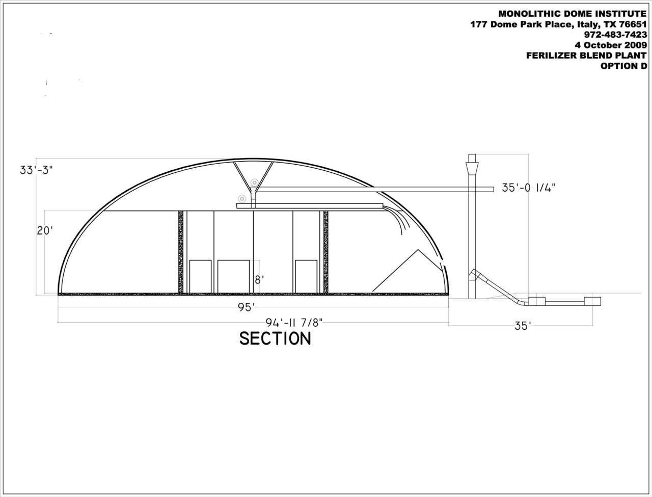 Eldorado Chemical: Conveyor Plans — Note that the plant backs up to the railroad.  The unloader will unload both the rail cars, and trucks. It is then raised by a vertical leg. It is then conveyed to the center of the larger dome where it is dropped into the rotating screw conveyor for distribution to the individual bins.