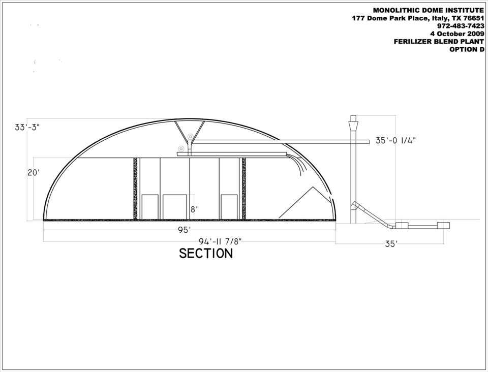 Eldorado Chemical: Conveyor Plans — Note that the plant backs up to the railroad.  The unloader will unload both the rail cars, and trucks. It is then raised by a vertical leg. It is then conveyed to the center of the larger dome where it is dropped into the rotating screw conveyor for distribution to the individual bins.