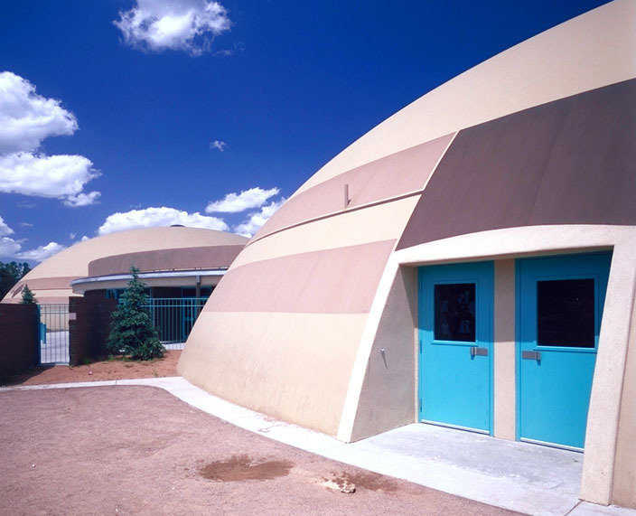 Frontier Elementary School — Three domes containing classrooms, a gymnasium, a media center, a music room, and a cafeteria make up Frontier Elementary School.
