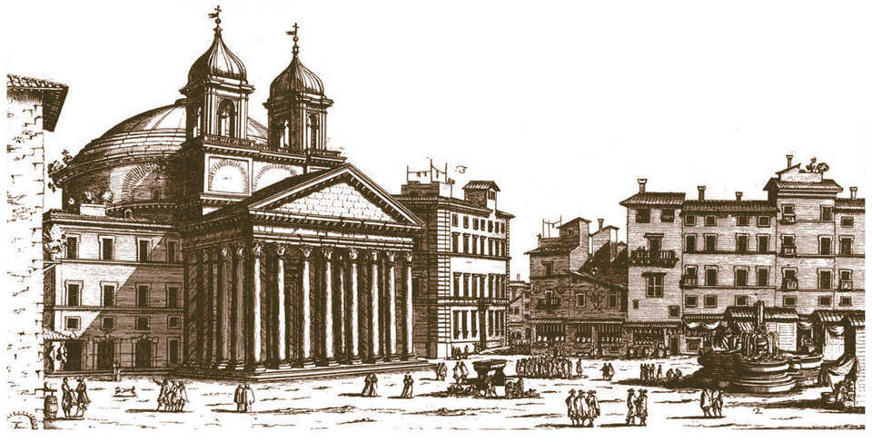 Pantheon – 17th Century — This drawing by Giovanni Battista Falda dates back to the late 17th century. The Pantheon was defined as a temple to all gods. Pope Urban VIII (1623-1644) added the two bell towers designed by Bernini. They were removed in 1833.