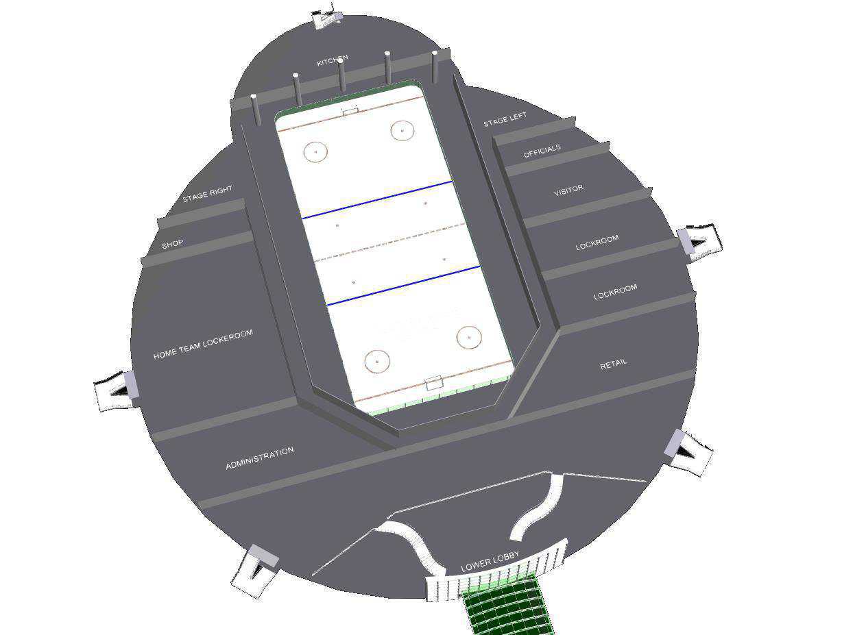 Main level hockey arena setup — View of the main entry level for hockey setup. The main level includes offices, locker rooms, retail stores, administrative offices, kitchen and main entry access.