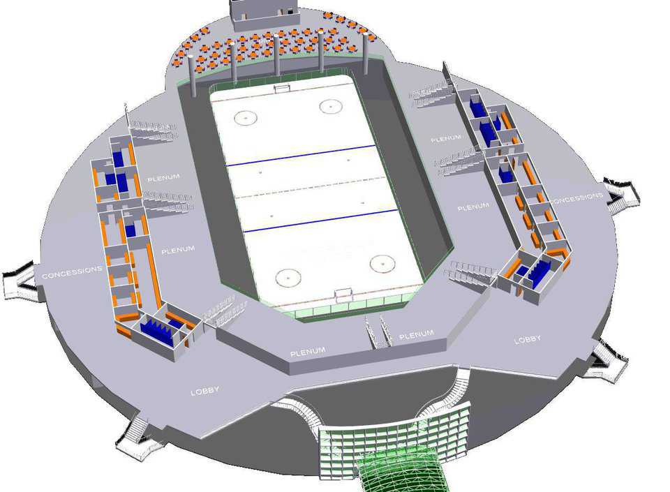 Mezzanine level hockey arena design — The mezzanine level of a hockey arena design. You can see where the lobby, concessions, restaurant club and main access to the mezzanine level are located. Seating for 7500 plus is included in this setup.