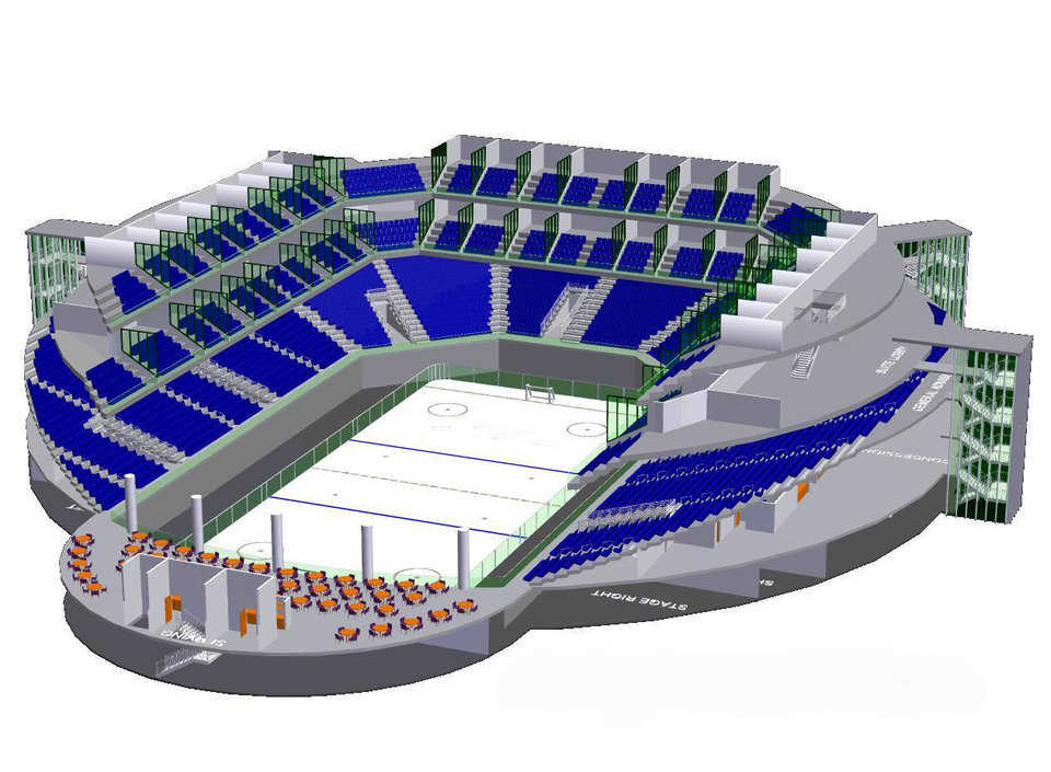 Hockey arena design — Indoor hockey arena with accommodating seating around three sides and a club/restaurant at one end. Suites and club seating included on the upper level. Locker rooms and offices located on the arena level.
