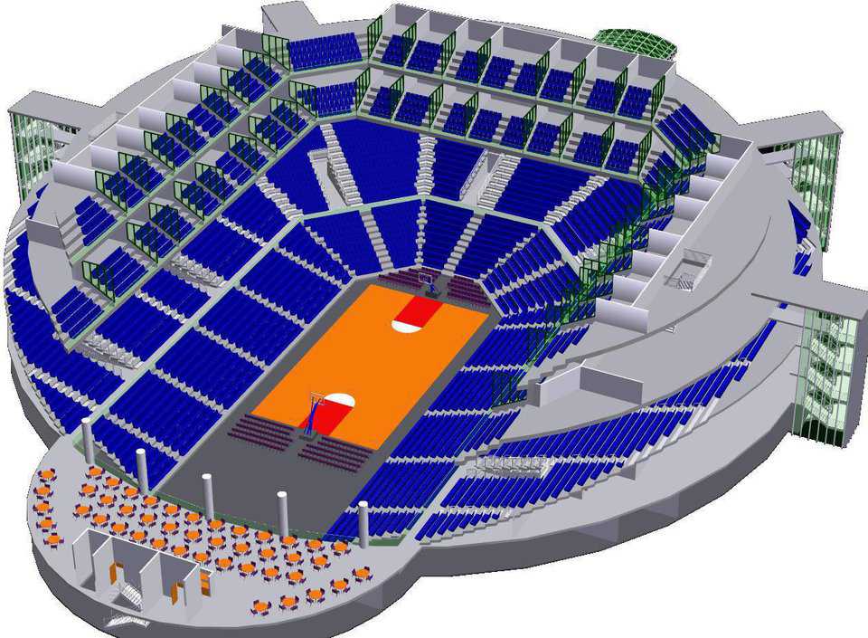 Basketball arena setup — The club level and basketball arena set up. This free span design allows for a full-size basketball court with maximum seating at approximately 9700 seats. Bench areas are provided for teams and coaches. The press and media seats are located behind the teams. Team rooms are at the arena floor level.