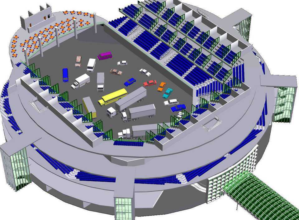 Trade show setup — Setup for a trade show within the arena. This dome offers 23,866 square feet of available space for the exhibit floor. Images of semi-trucks inside the dome demonstrate the size capacity of the dome.