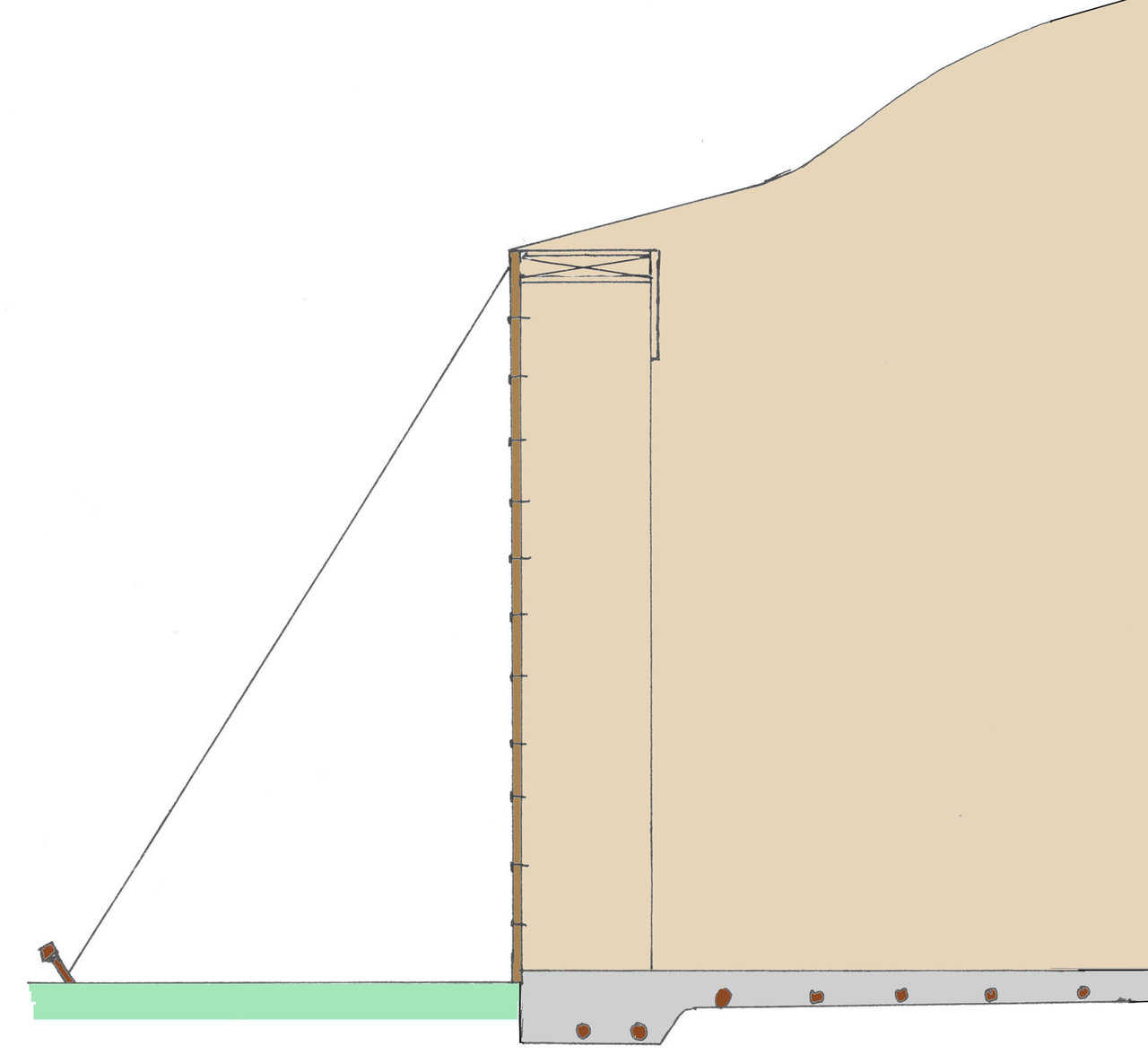 Brace Stakes — 5. Brace them solidly from the inside or the outside by attaching guide wire to the top of the bucks through the Airform, then securely stake the wires to the ground.
6. Increase the water-column pressure back to 2 inches.
7. Once your stable construction pressure has been attained, reassess the buck to be sure it is still level and plumb. Make any necessary adjustments.