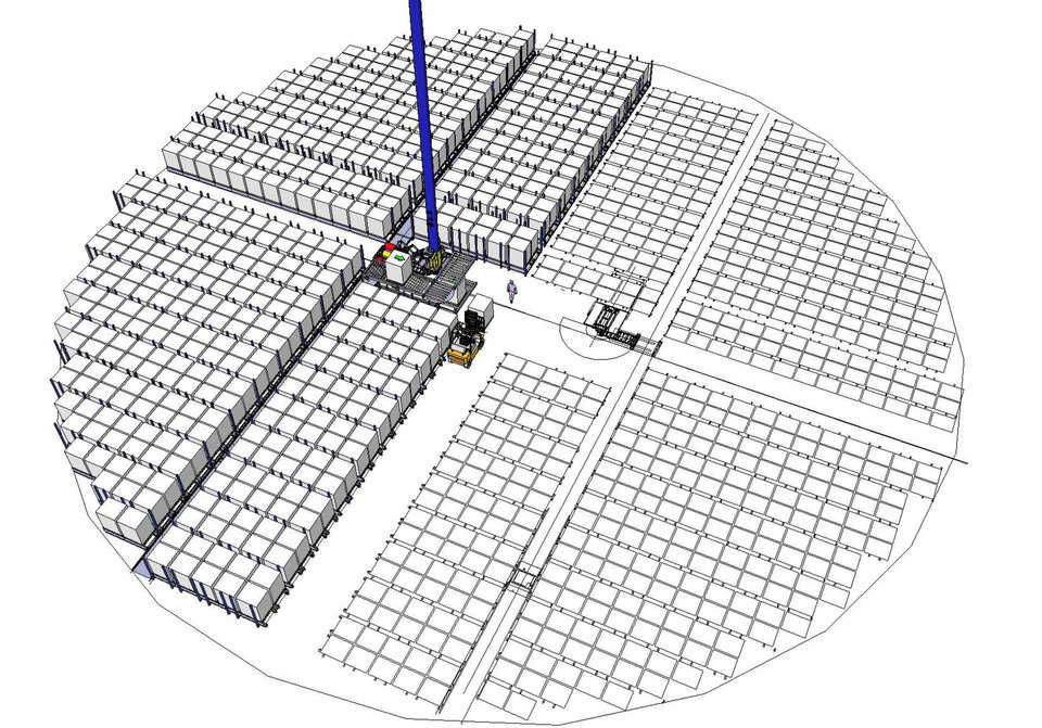 Lower levels — The PAS system is shown here building the lower levels and the mast that raises the pallets to the second, third, fourth etc levels. www.pas-us.com