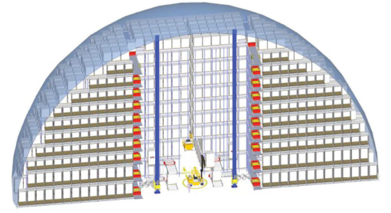 Cut-away — Monolithic Dome cut-away showing the storage of pallets utilizing an automated storage and retrieval system furnished by PAS. www.pas-us.com