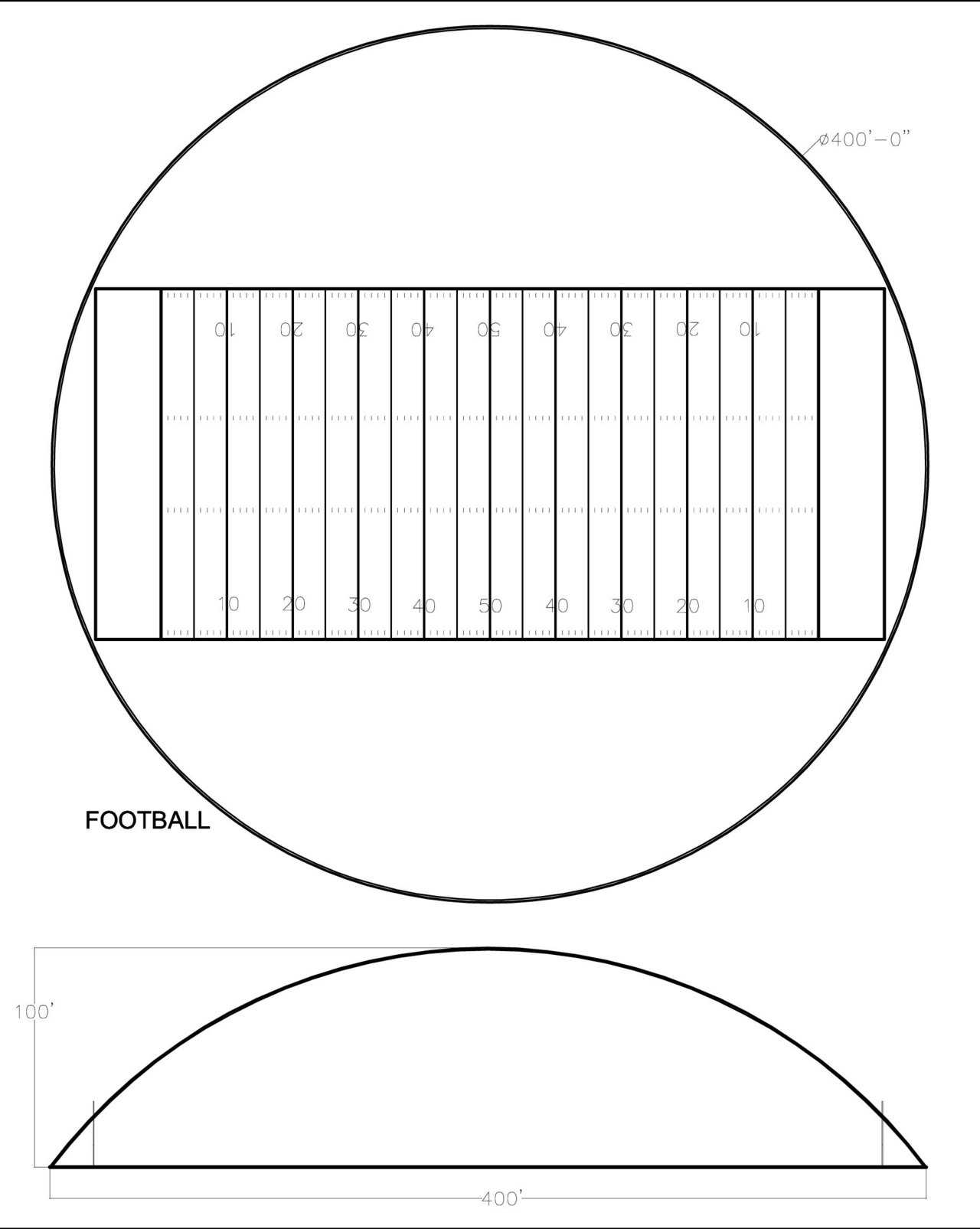 Complete Football Field — As illustrated, the 400’ dome holds a complete football facility. Top of the uprights on the goal posts are a bit shorter than regulation; otherwise this field is completely set-up as a regulation football field. It certainly has the size needed for any practicing. See the Monolithic Megasphere for larger field.