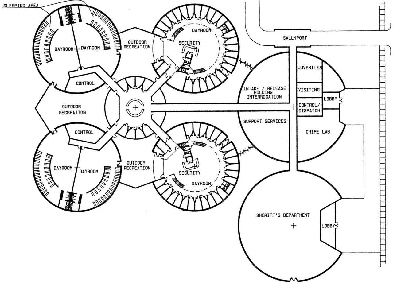 Interior layout — The use of space is optimized by central common areas surrounded by cells. A prison or jail built “in the round” simply functions more efficiently as an incarcerating facility. Sight lines are clear so there’s a better view of all that goes on. Sprayed concrete is much tougher than conventional concrete. The amount of heating and cooling is vastly reduced. But the speed of construction is substantially increased, so that time from plan to finish is really quite rapid.