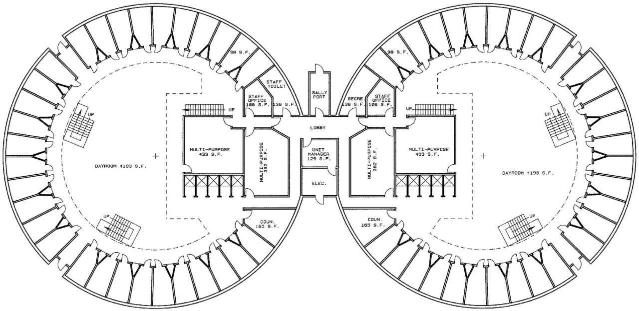 Pods — Possible design for a typical cell block. Many of these “pods” could be joined together as need for more room increased. After reading this, many people will want to know: How much? The answer: Substantially less! If you base the pricing on what Monolithic is doing with schools and churches, rest assured that we will design and construct prisons for substantially less than the price at which they are currently being built. And ongoing costs for prison staffing, utilities and maintenance will also be less.