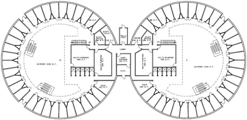 Pods — Possible design for a typical cell block. Many of these “pods” could be joined together as need for more room increased. After reading this, many people will want to know: How much? The answer: Substantially less! If you base the pricing on what Monolithic is doing with schools and churches, rest assured that we will design and construct prisons for substantially less than the price at which they are currently being built. And ongoing costs for prison staffing, utilities and maintenance will also be less.