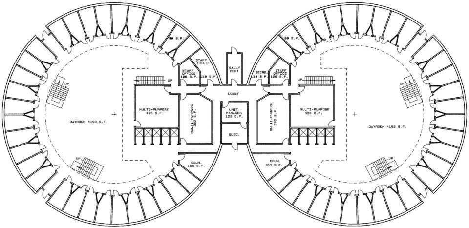 Pods — Possible design for a typical cell block. Many of these “pods” could be joined together as need for more room increased. After reading this, many people will want to know: How much? The answer: Substantially less! If you base the pricing on what Monolithic is doing with schools and churches, rest assured that we will design and construct prisons for substantially less than the price at which they are currently being built. And ongoing costs for prison staffing, utilities and maintenance will also be less.