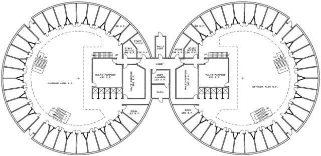 Pods — Possible design for a typical cell block. Many of these “pods” could be joined together as need for more room increased. After reading this, many people will want to know: How much? The answer: Substantially less! If you base the pricing on what Monolithic is doing with schools and churches, rest assured that we will design and construct prisons for substantially less than the price at which they are currently being built. And ongoing costs for prison staffing, utilities and maintenance will also be less.