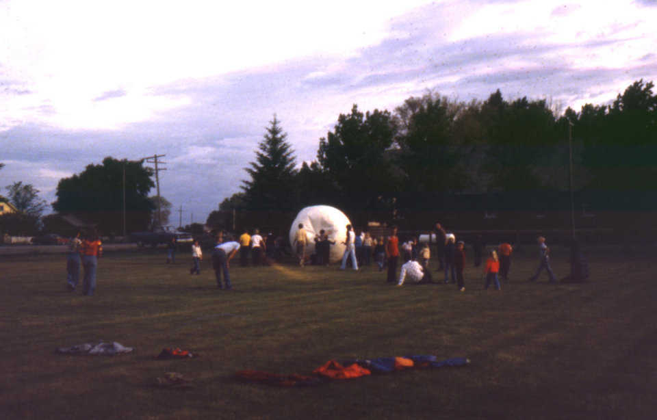 THE Game! — A game of OMEGAball in full swing at the 4th of July celebration in Menan, Idaho. (1980). This ball was partially deflated at this point in the game. It is always best to play with a fully inflated ball.
