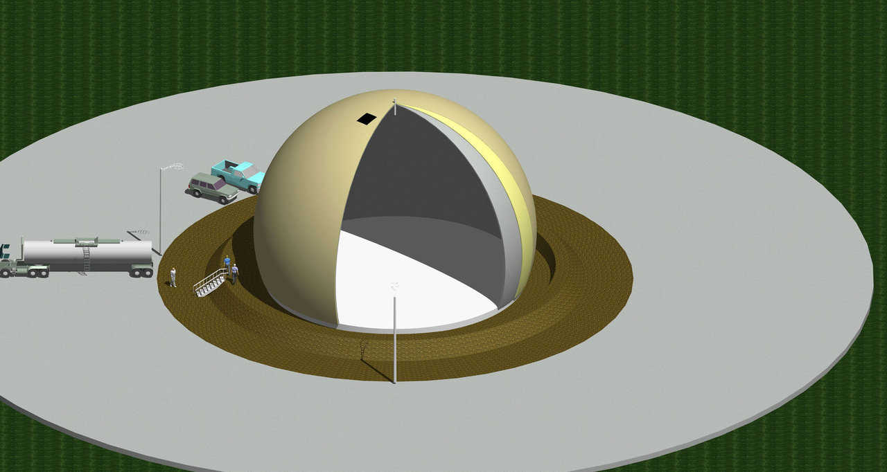 Tank’s Layers — This cutaway shows the tank’s layers from the inside out: Polyurea; primer; concrete; urethane foam insulation; Airform on the exterior.