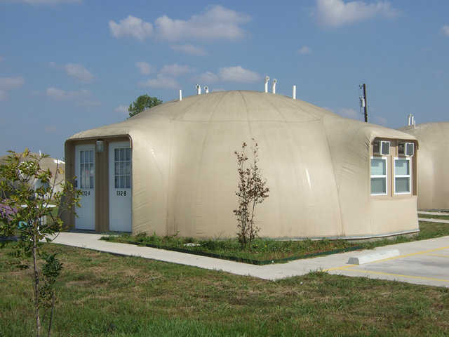 The Oberon Four-Plex — It’s a Monolithic Dome that is an oblate ellipse, with a diameter of 32 feet and a height of 12 feet.