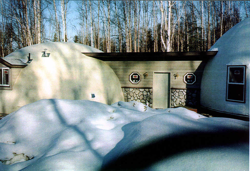 Two Domes — The home dome has a diameter of 36’ and a height of 14’ with a 4’ stemwall. The garage dome has a diameter of 32’.