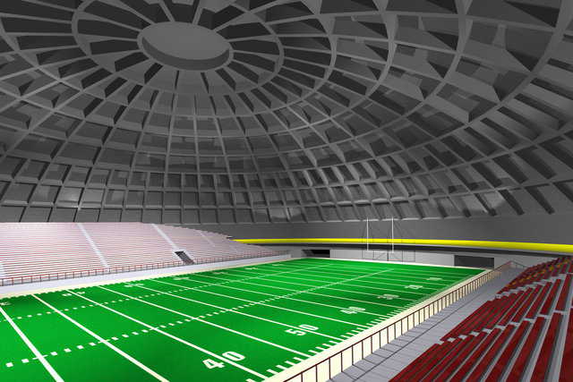 Monolithic Megasphere — This computer-generated image illustrates a 434-foot diameter Monolithic Dome. It can be either a Monolithic Megasphere or a small Crenosphere built with a full-size football field and bleacher-style seating. Many design options are available.
