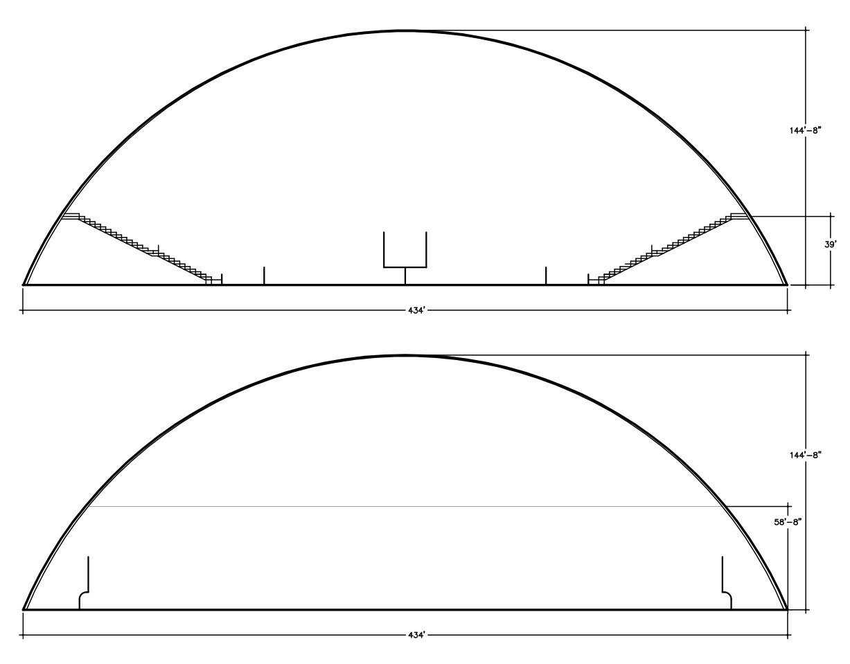 Length vs Width — TOP: Monolithic Megasphere drawing illustrating width of football field.
BOTTOM: Monolithic Megasphere drawing illustrating length of football field.