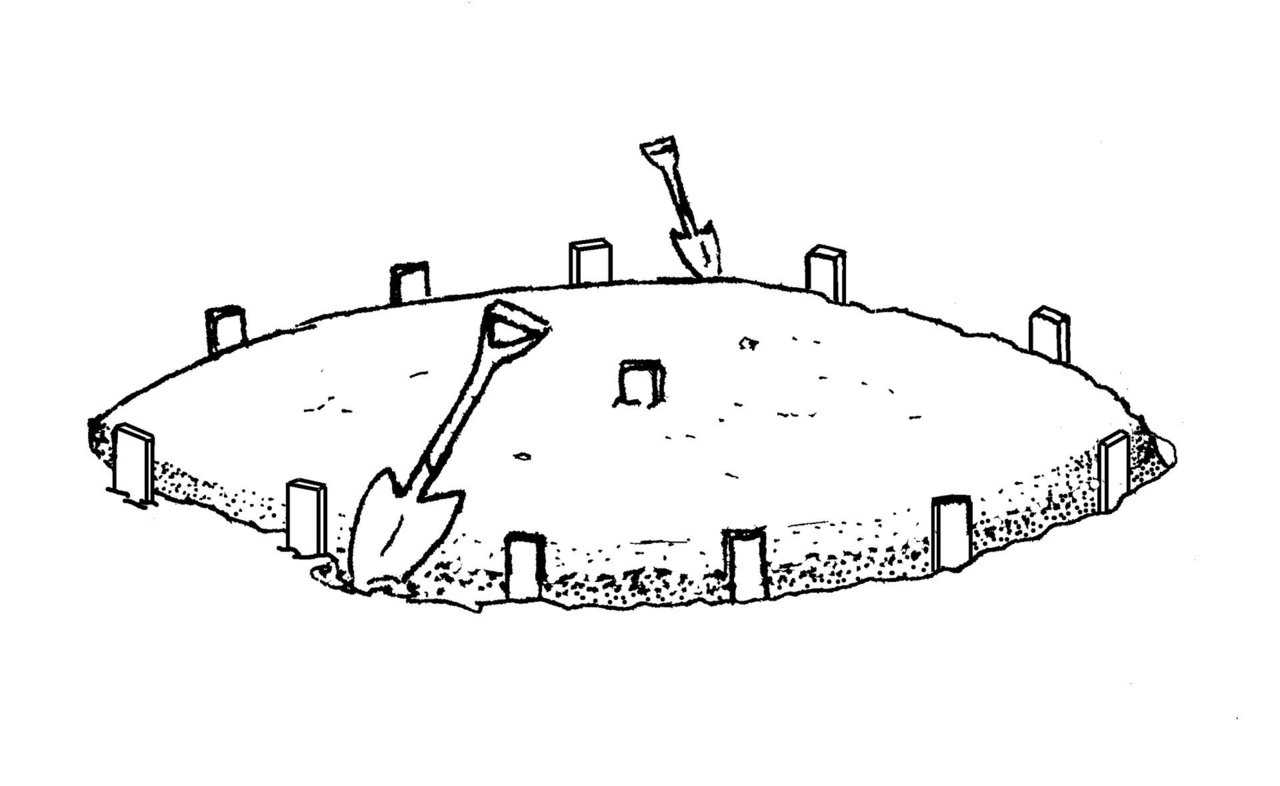 Step 2A – Dig Trench — Dig a footing trench approximately 8” x 8” (20 cm x 20 cm) on the inside of the perimeter stakes.