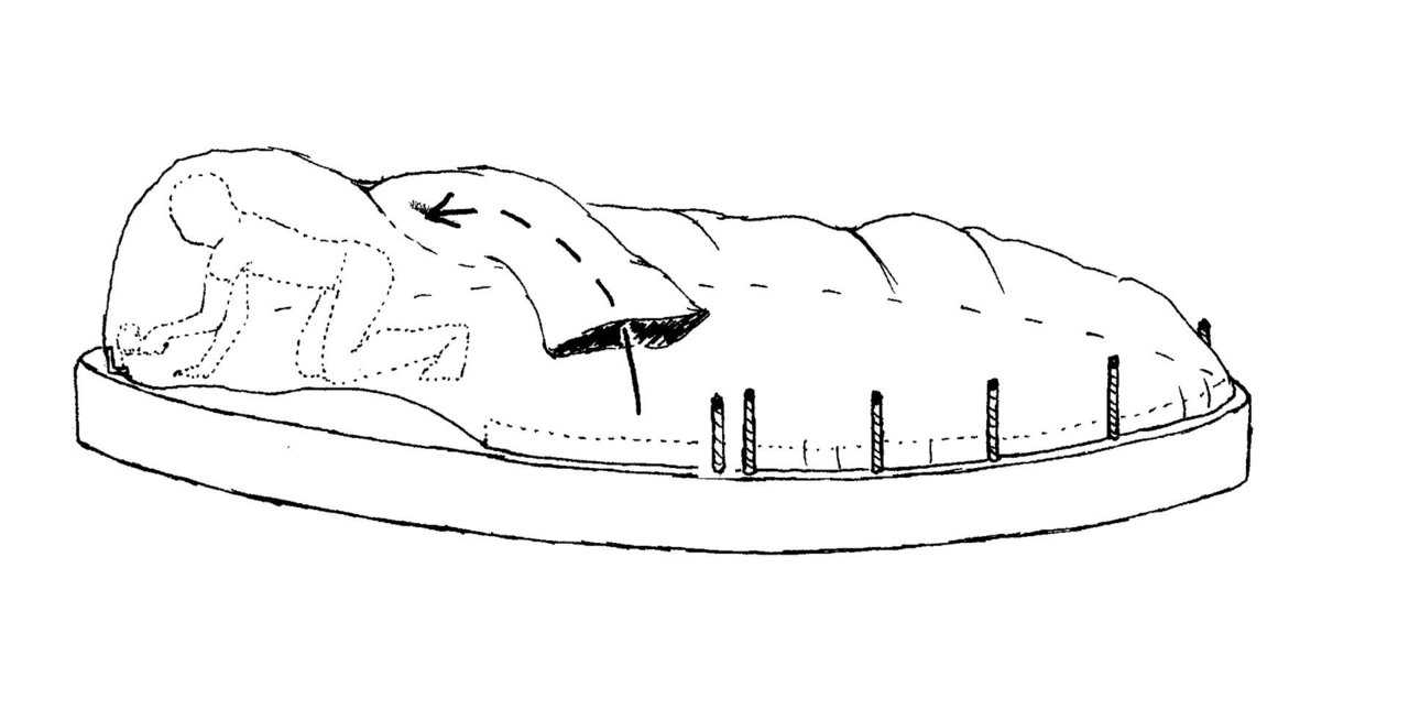 Step 4A – Crawl Thru Sleeve — As placement continues, workers placing the clamp angles will end up inside. They will crawl out through the sleeve. Use a saw horse or other bracing device to hold the fabric off the workers.