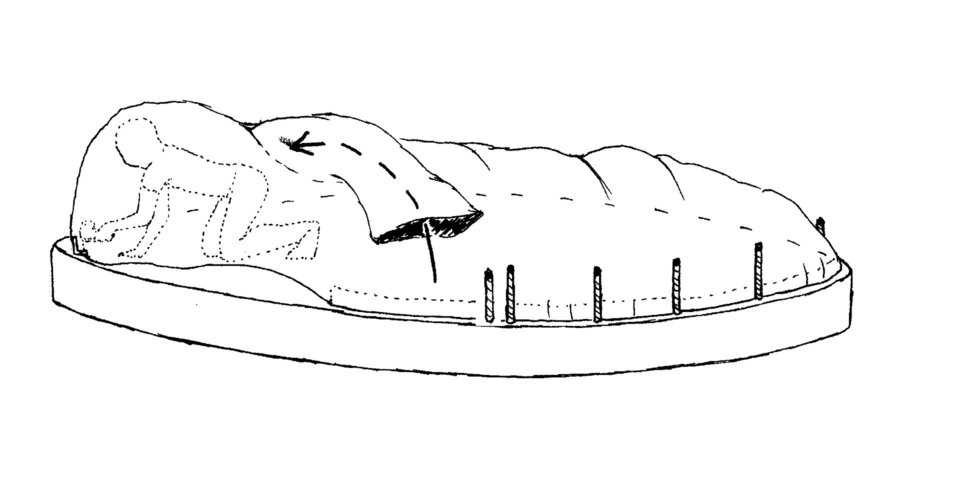 Step 4A – Crawl Thru Sleeve — As placement continues, workers placing the clamp angles will end up inside. They will crawl out through the sleeve. Use a saw horse or other bracing device to hold the fabric off the workers.