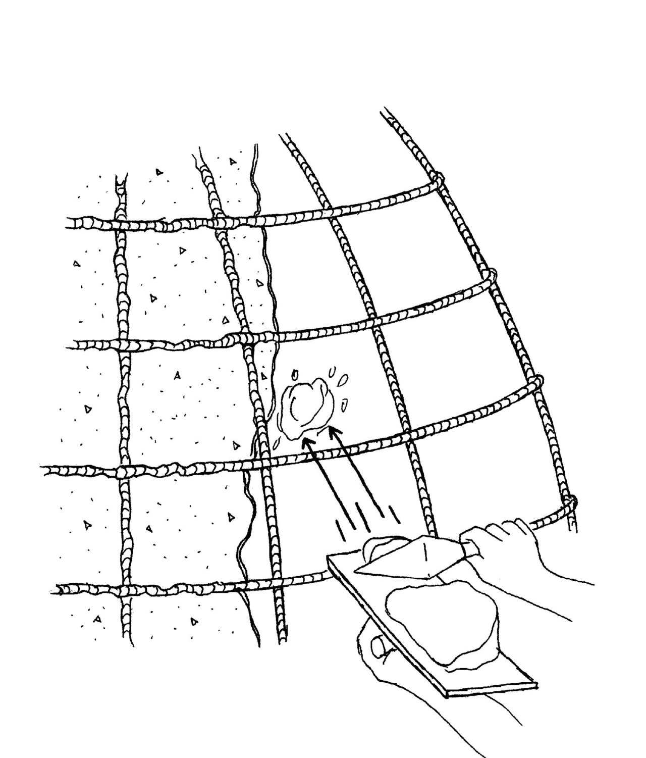 Step 5A – Concrete Layer — First layer of concrete can be hand applied. Concrete can be troweled or “flipped” on with a small mason trowel. It can also be applied with a Shotcrete pump. Place only what will stick.