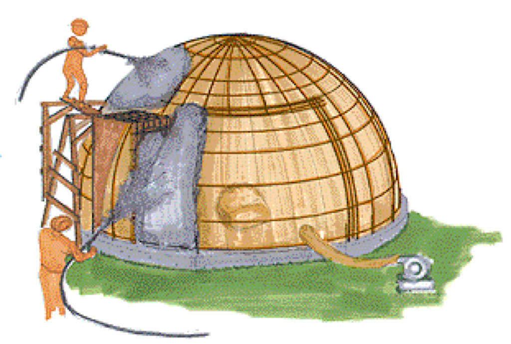 Step 4B – Rebar — Rebar is placed, spaced per engineering. Verticals go against the Airform; horizontals go on the outside. Additional plywood frames for doors and windows can be set against the inflated Airform. Remove from inside after concrete sets. One inch of Shotcrete is applied to the exterior of the Airform, allowed to set, then recoated to finish. (Concrete can be hand applied with a trowel.)