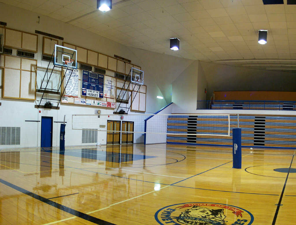 Gymnasium — This double-wide gym can seat 3,000 for graduation ceremonies. It also has a weight room, wrestling room, locker rooms, offices, concessions and a 350 seat theater.