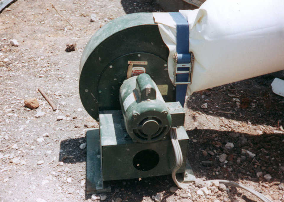Step 2 — Inflator fan is the same as that used in Monolithic Dome construction. For small domes, use the Monolithic Puffer at a pressure of about 2 inches of water column. Monitor carefully. Increased pressure can expand the Airform and pull off or crack the concrete.